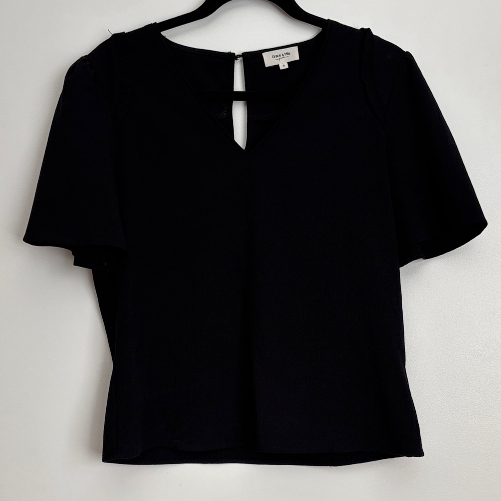 Black V-Neck Blouse with ruffle detail